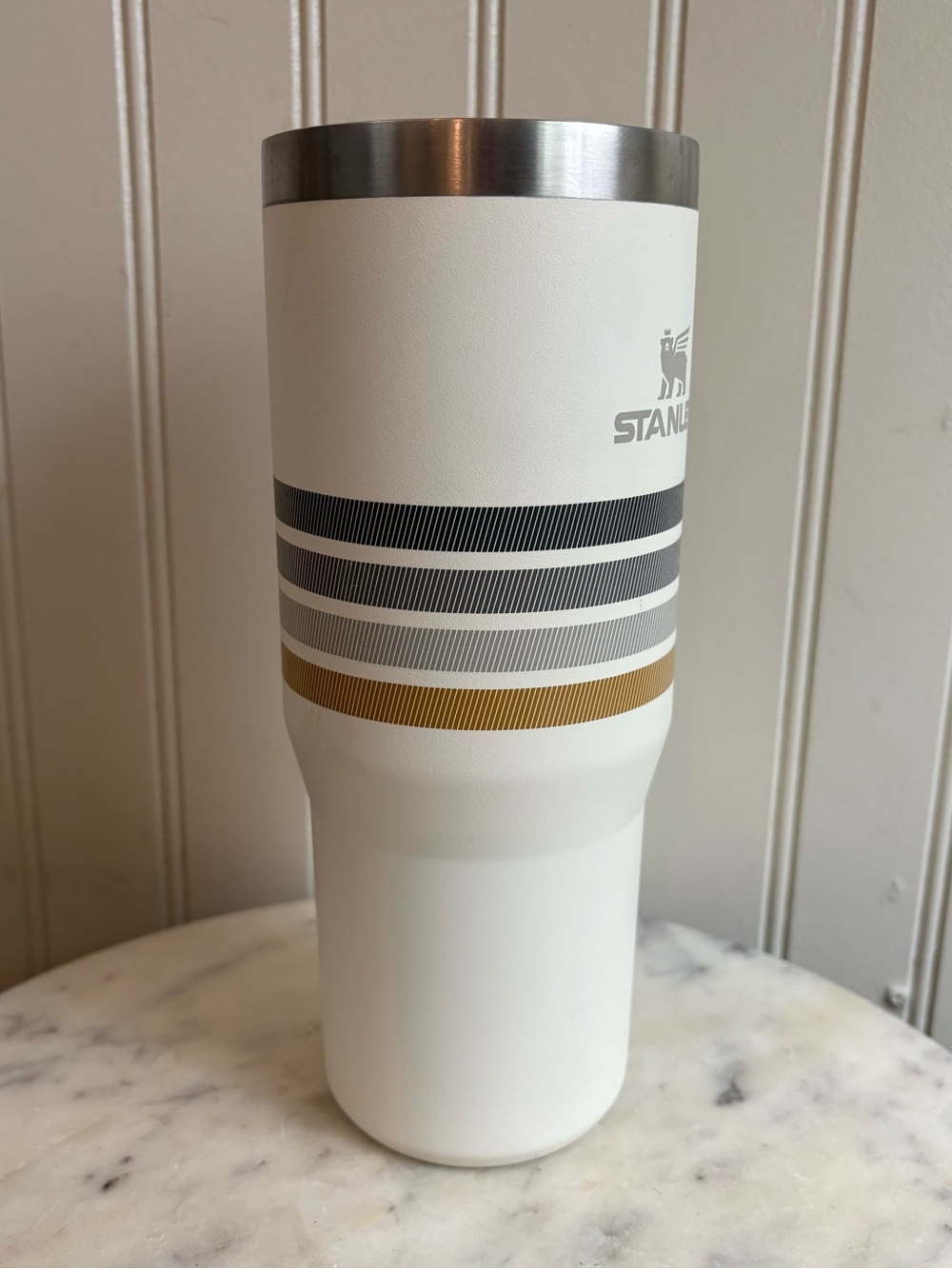 Stanley Varsity Iceflow 30oz Tumbler Cream Ash Stripe Travel Mug Water Bottle - Picture 2 of 10